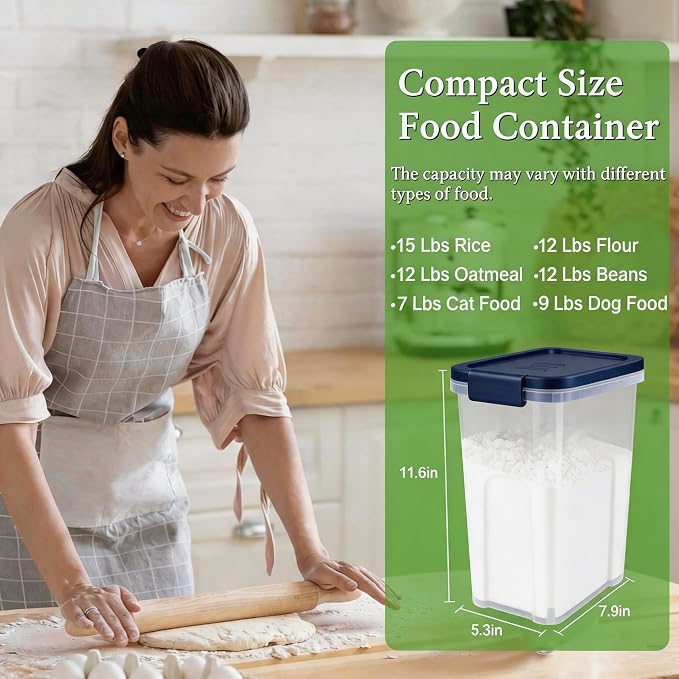 Tight-Lock Rice Container 10-15 Lbs, Airtight Flour Container Dry Food Bin | Plastic Food Container with Scoop, Dry Food Storage Bin Dispenser for Cereal, Sugar, Kitchen, Pantry Organizers and Storage