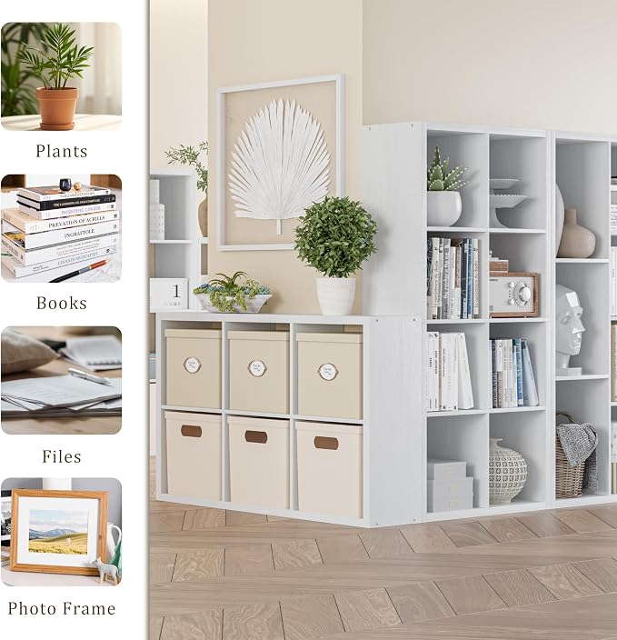 VDNEND Cube Storage Organizer Bookcase, Decorative 11 inch Open Back Cubical Shelf with Thickened Border, Display Bookshelf for Living Room, Home Office, Sturdy Room (White, 6 Cube)