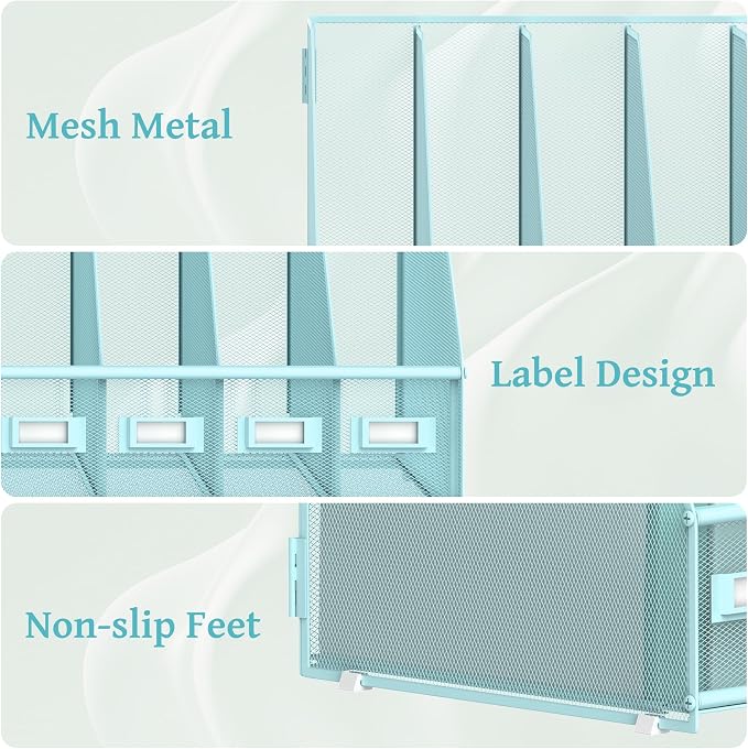 SUPEASY Desk Organizers Metal Desk Magazine File Holder with 5 Vertical Compartments Rack File Organizer for Office Desktop, Classroom, Home Workspace, Blue