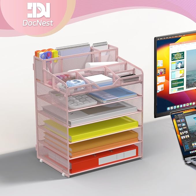 Docnest 6 Tier Mesh Desk Organizer with Letter Tray & Paper Sorter, Pink | Features 3 built-in pen holders & 5 adjustable compartments on top. Includes 4 non-slip rubber feet for desk protection