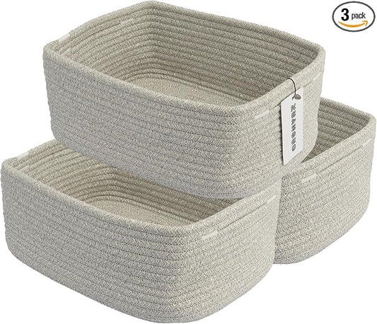 XUANGUO Small Woven Storage Baskets for Shelves, 13" x 9" x 5", Gray | Decorative rope storage bins for closets and toy storage; cute organizer baskets, empty gift baskets and nursery storage.