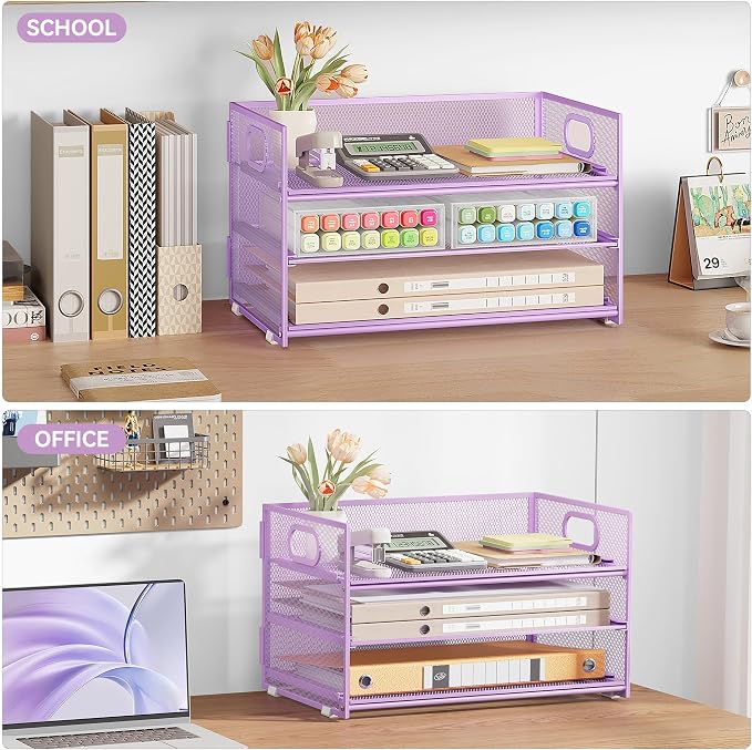 Subekyu 3 Tier Letter Tray Paper Organizer with Handle and 1 PC Sliding Tray, Purple Metal Mesh Desk File Folder Paper Sorter Organizer for Home Office School Desk Supplies Organization Storage