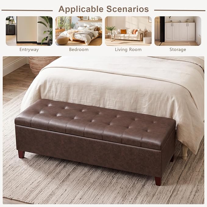 Joveco 51 Inch Storage Bench,Leather Tufted Storage Ottoman with Legs | Safety Hinges,Wooden Legs,End of Bed,Bedroom,Living Room,Entryway