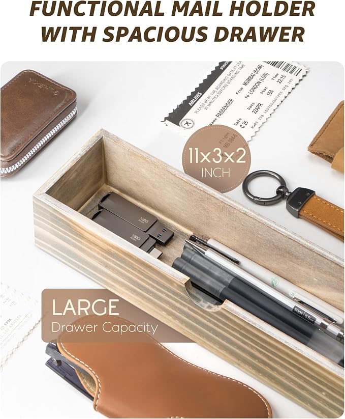 Rebee Vision Farmhouse Mail Organizer Wall Mount for Entryway, Natural Wood | Key and Mail Holder for Wall, 7 Key Hooks, Drawer Organizer, Mail Sorter, Key Hanger, Apartment Essentials, Home Decor