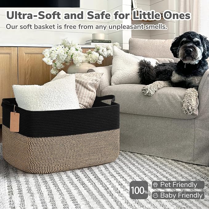 Goodpick Extra Large Wicker Storage Basket with Handles, Black & Jute | 75L, 22 × 17 × 12 in, Rectangle, Blankets, Pillows, Toys & Clothes Storage, Home Decor, Living Room & Nursery Organization