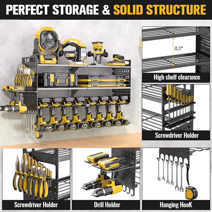 33" W Power Tool Organizer Wall Mount, 3-Layer,10 Drill Holders | Tool Storage Rack, Heavy Duty 300 lb Load Capacity for Garage Workshop, Black, Gift for Men