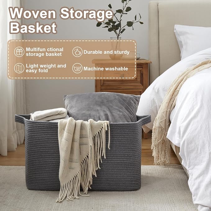 OIASKET 95L Extra Large Blanket Basket, 24" x 16.9" x 14.2" Woven Storage Basket for Living Room, Nursery Blanket Storage for Toys, Towels, Dirty Clothes (Grey)