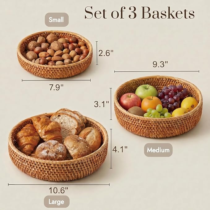 YANGQIHOME Fruit Basket, Wicker Basket Rattan Fruit Bowls, Round Bread Baskets, Handwoven Storage Basket, Natural Serving Bowls Kitchen Counter Dining Room Snack Vegetable 7.9”, 9”, 10.2” (Set of 3)