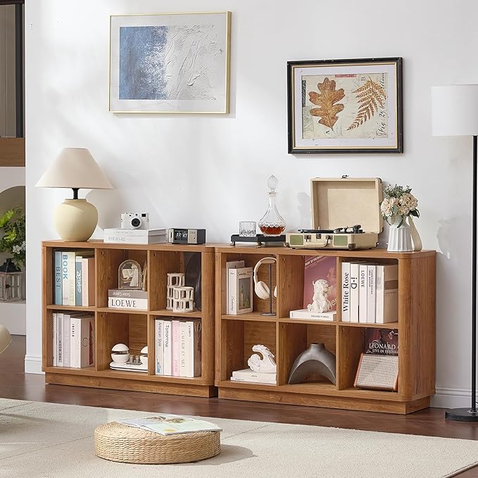 Joaxswe 6 Cube Storage Book Shelf, 40" Wide Low Horizontal Bookcase with Curved Edge, Floor Standing 2-Tier Wooden Bookshelf with Base, Modern Short Book Case for Bedroom, Study, Entryway, Brown