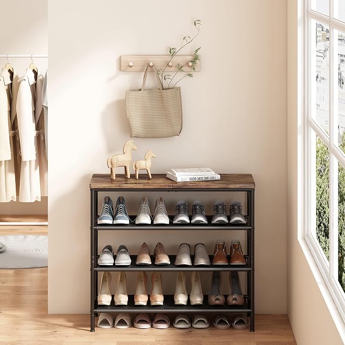 INGIORDAR 4 Tier Shoe Rack Storage Organizer Shelf Top with MDF Board | Space-Saving,with 3 Layer Fabric,stores 16+Pairs of Shoes for Closet,Entryway,Bedroom,Living Room Garage,Black+Rustic Brown