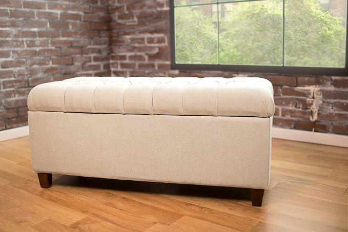 Homepop Home Decor | Tufted Ainsley Button Storage Ottoman Bench with Hinged Lid | Ottoman Bench with Storage for Living Room & Bedroom, Cream 18x40x18 inches