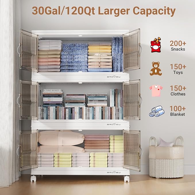 BROVIEW 360 Qt Stackable Storage Bins with Lid, Plastic Closet Organizers and Storage Drawer, Collapsible Storage Box with Wheels, Folding Storage Cabinet for Closet Clothes Organization, 3Pack White