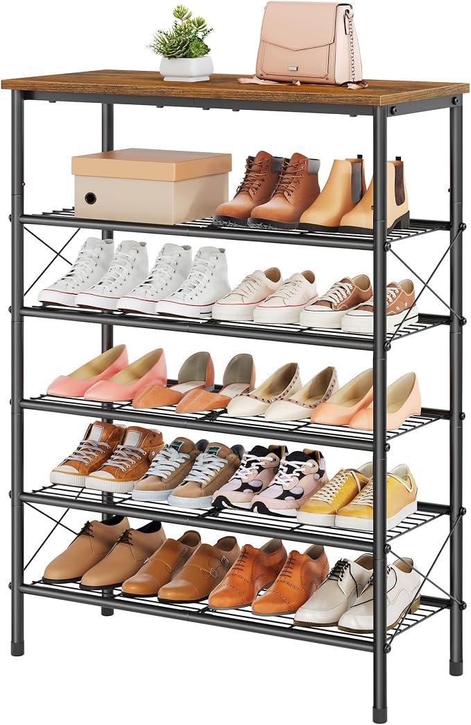6 Tier Shoe Rack for 20-24 Pairs of Shoes, Rustic Brown & Black | Sturdy & Durable, X Shape Fixed Frame, Metal Mesh Shoe Shelf, Industrial, For Closet, For Entryway Shoe Storage