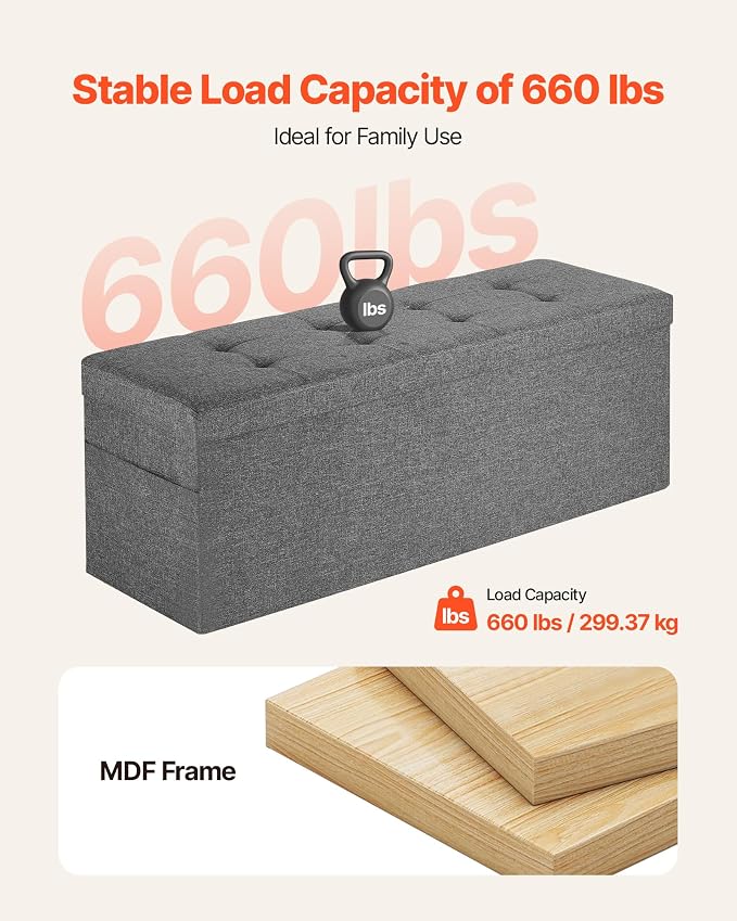 VEVOR Foldable Storage Ottoman Bench, End of Bed Bench with Side Bags, Folding Upholstered Storage Chest Supports 660 lbs, Linen Bed Ottoman with Large Space for Living Room, Bedroom, Entryway, Grey