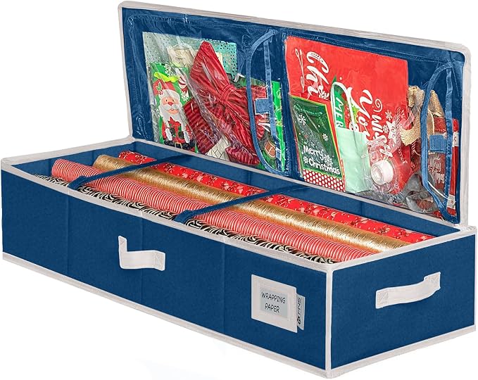 HOLDN’ STORAGE Premium Wrapping Paper Storage Container, Blue | Durable 600D Tear-Proof, Fits 27 Rolls Gift Wrap, Extra Pockets for Ribbons & Bows, Underbed Storage