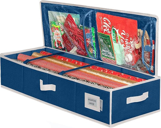 HOLDN’ STORAGE Premium Wrapping Paper Storage Container, Blue | Durable 600D Tear-Proof, Fits 27 Rolls Gift Wrap, Extra Pockets for Ribbons & Bows, Underbed Storage