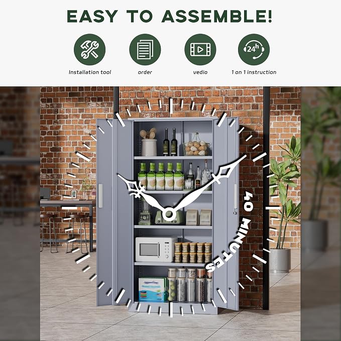Greenvelly Metal Garage Storage Cabinet, 72” Tall Locking Steel Cabinet with 2 Doors and 4 Adjustable Shelves, Utility Metal Filing Cabinet with Lock for Home, Office, Garage, School (Dark Grey)