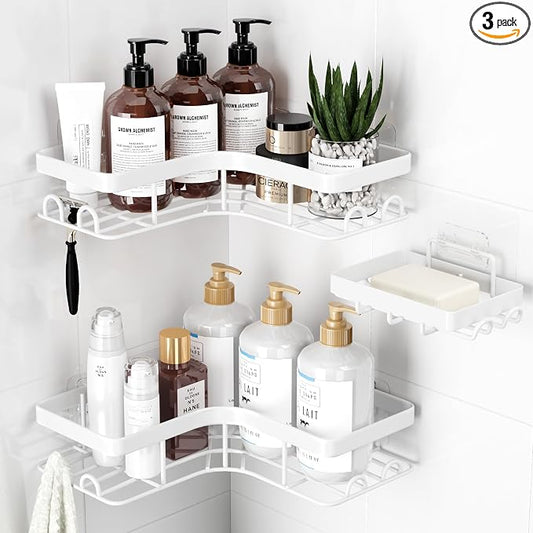 Sakugi Corner Shower Caddy - 3-Pack Shower Organizer with Soap Holder & Built-In Hooks, Rustproof Metal Shower Shelves, Laundry, Kitchen, Bathroom Organizers and Storage Solution, Large, White