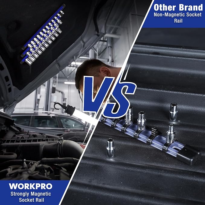 WORKPRO Magnetic Socket Organizer, Heavy Duty 1/2-Inch Drive Socket Rail | 1 Piece Socket Holder with 10 Spots, Aluminum Alloy, Rotatable & Movable Clips, Efficient Organization