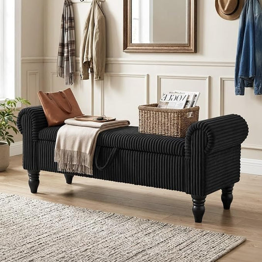 55" Corduroy Storage Bench, End of Bed Bench with Storage, Upholstered Bedroom Bench with Rolled Arm, Ottoman Bench for End of Bedroom, Living Room, Entryway (Black)