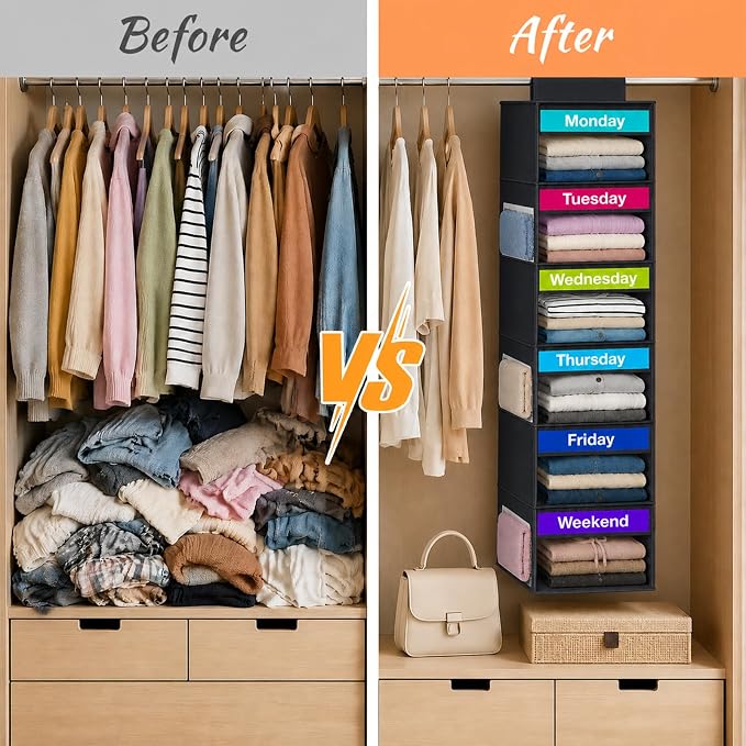 Weekly Clothes Organizer for Closet, 6-Shelf Hanging Closet Organizer with 6 Side Pockets(Black)