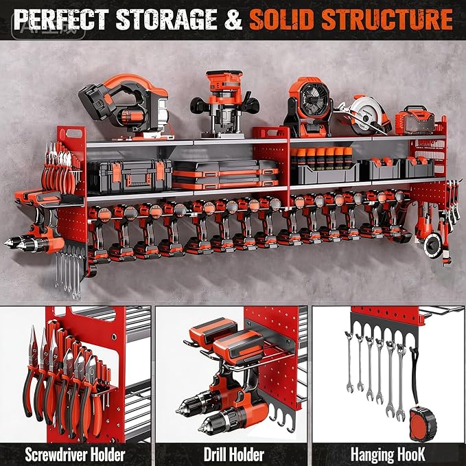 2 Pack Power Tool Organizer Wall Mount, 3-Layer,18 Drill Holders | Large 3-Tier Tool Storage Rack, Heavy Duty 600 lb Load Capacity for Garage Workshop, Black, Gift for Men