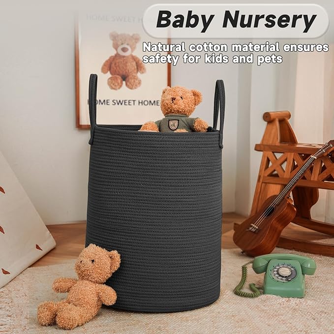 JMvicyroam 80L Cotton Rope Laundry Basket Hamper, Black | Collapsible laundry basket, reinforced handles, freestanding, machine washable, holds 3-5 thick blankets, clothes or toys
