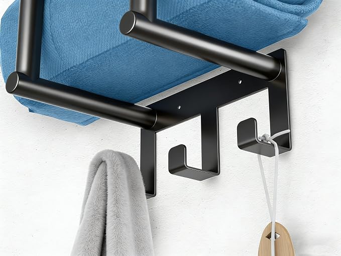Bethom Towel Racks for Bathroom Wall, Black Small Towel Holder with Hooks | Stainless Steel Towel Shelf and 3 Hooks for Small Bathroom, Hold 3 Large Bath Towels