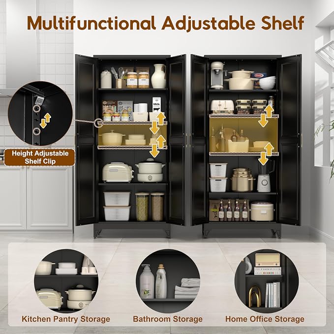 UNICOLY 75" Kitchen Pantry Cabinet, Metal Tall Storage Cabinet with Doors | Kitchen Storage Cabinets with 4 Shelves,Pantry Storage for Kitchens, Living Room, Dinning Room, Assembly Required, Black