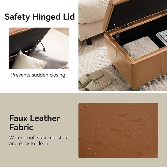 WUTUTUEE 51" Faux Leather Storage Ottoman, Stitch Tufted Rectangle Upholstered End of Bed Storage Bench, Entryway Large Couch Ottoman with Wooden Legs, Light Brown