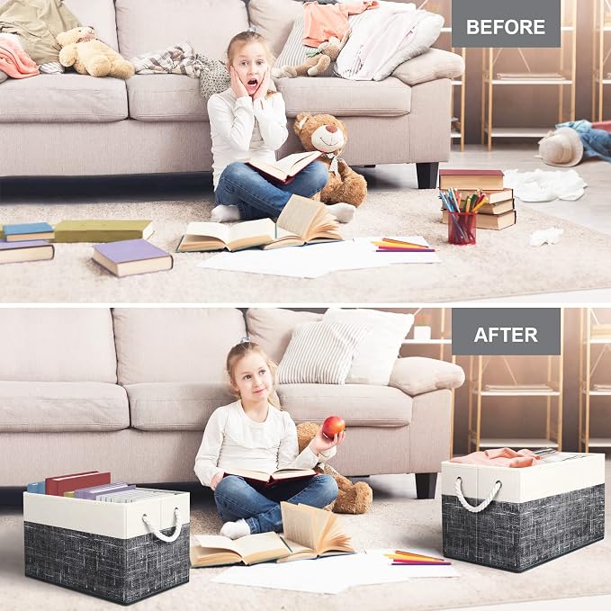 Fab totes Storage Bins 2-Pack, Foldable Storage Baskets for Organizing Toys, Books, Shelves, Closet, Large Storage Box with Rope Handles, Sturdy Organizer Bins, White & Black
