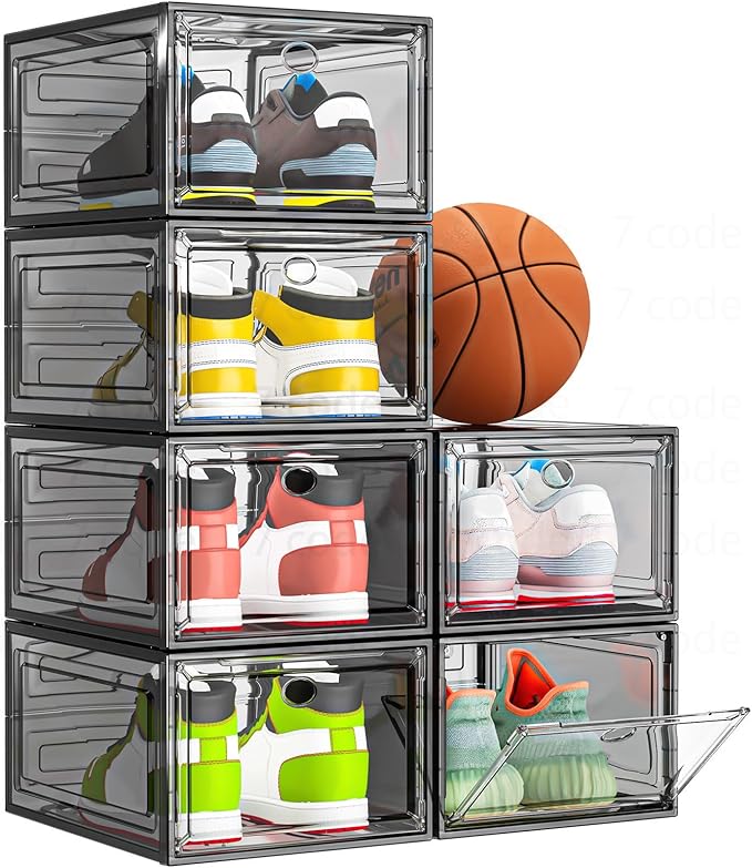 Sturdy Clear Shoe Organizer with Magnetic Door, Stackable Shoe Storage Box | Thick Plastic Shoe Storage for Sneakers & Boots, Collapsible Closet Shoe Rack and Clear Shoe Box, 6 Pack Black