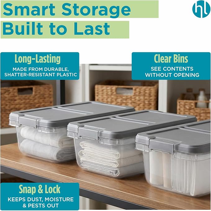 Home Logic 15 Qt Latched Storage Bin with Lid, Stackable Plastic Storage Container, Organizer for Home, Office & Classroom, 8 Pack, Gray