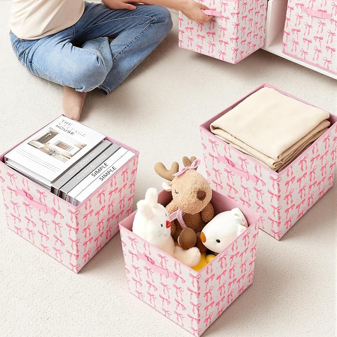 6 Pcs Pink Bow Cube Storage Bins 12.5 Inch Pink Storage Basket with Handle, Preppy Girls Organizer Basket, Collapsible Fabric Box for Classroom Bedrooms Office Home Decoration (Bow)