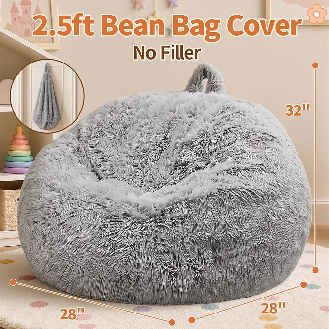 Stuffed Animal Storage Bean Bag Chair Cover, Soft Bean Bag Cover | Fluffy Faux Fur Stuffed Animal Storage Chair, Non-Slip Bottom, Fill with Plush Toys or Blankets, for Kids Teens Adults Girls