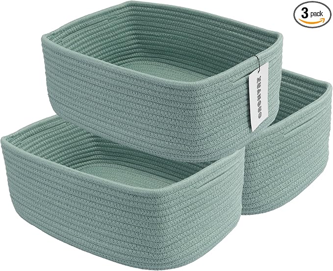 XUANGUO Small Woven Storage Baskets for Shelves, 13" x 9" x 5", Green | Decorative rope storage bins for closets and toy storage; cute organizer baskets, empty gift baskets and nursery storage.