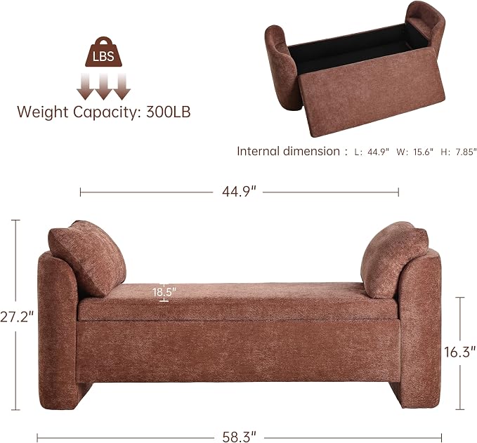Usaint 58.3" Upholstered Storage Ottoman Bench with 2 Pillows, Rusty Red | End of Bed Bench with Curved Arms and Thickened Seat Cushion for Bedroom, Livingroom, Window, Entryway and Dressing Areas