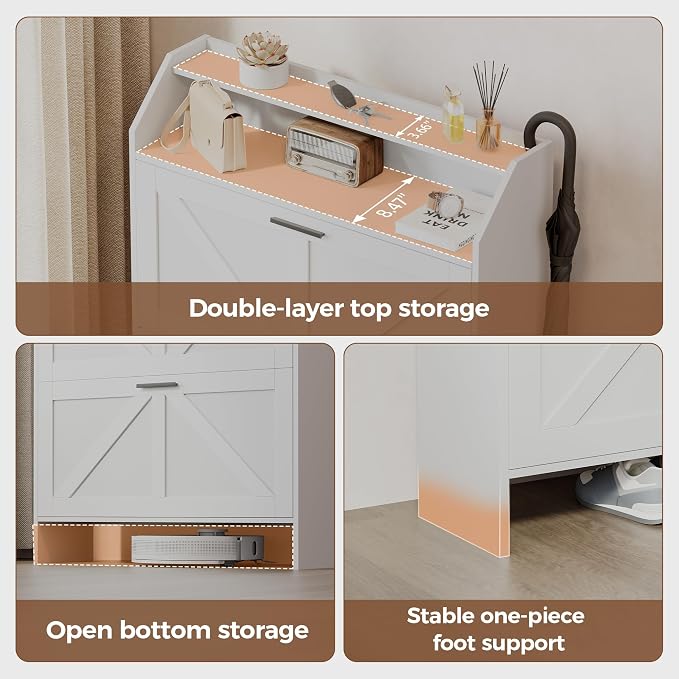 Farmhouse Shoe Cabinet with 2 Flip Drawers, Shoes Storage Cabinet, Freestanding Shoe Rack Organizer for Entryway, White