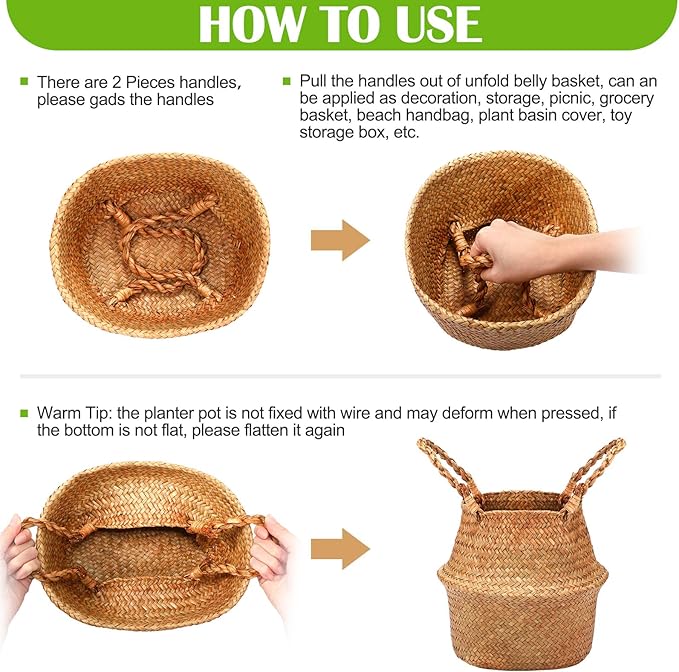 Qunclay 8 Pcs Woven Seagrass Baskets Belly Basket Folding Boho Natural Plant Pot with Handles Round Decorative Wicker Large Indoor Planter for Home Outdoor Tree Planters Decor (S,8.7''dx7.9''h)