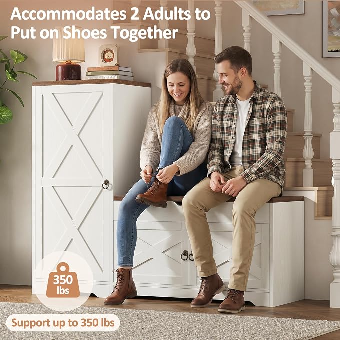 47'' Shoe Cabinet with Bench Seat, 7-Tier Shoe Storage Bench for Entryway with Adjustable Shelves, Hidden Lift Top Storage and 0.7'' Top Panel for Hallway Entrance, White