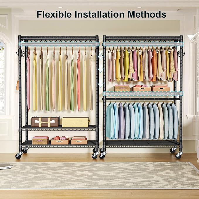 FUTASSI P1 Plus Rolling Clothes Rack, Heavy Duty Portable Closet Wardrobe | Freestanding Garment Clothing Rack with Wheels and Double Rods, 45"W x 17.7"D x 80.5"H, Max Load 524lbs, Black