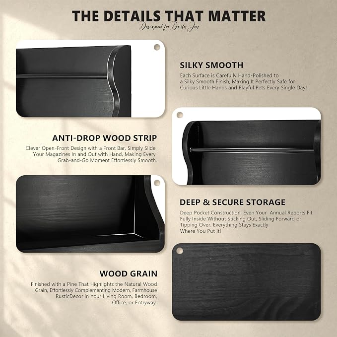 Pine Wood Mail Organizer Wall Mount with 7 Key Hooks for Home Decor, Black | Mail Holder for Wall, Key Hanger for Keys and Wallets, Magazine Holder for Paper, Bill Storage, Apartment Rustic Aesthetic