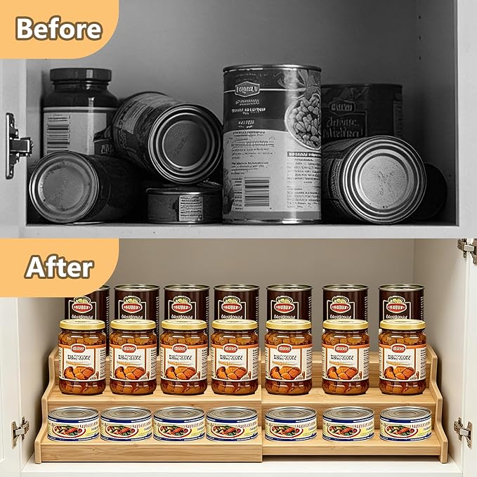 TISTON Expandable Bamboo Can Organizer for Pantry, 3-Tier Adjustable Pantry Organizers and Storage, Spice Rack Organizer for Cabinet, Cup Organizer