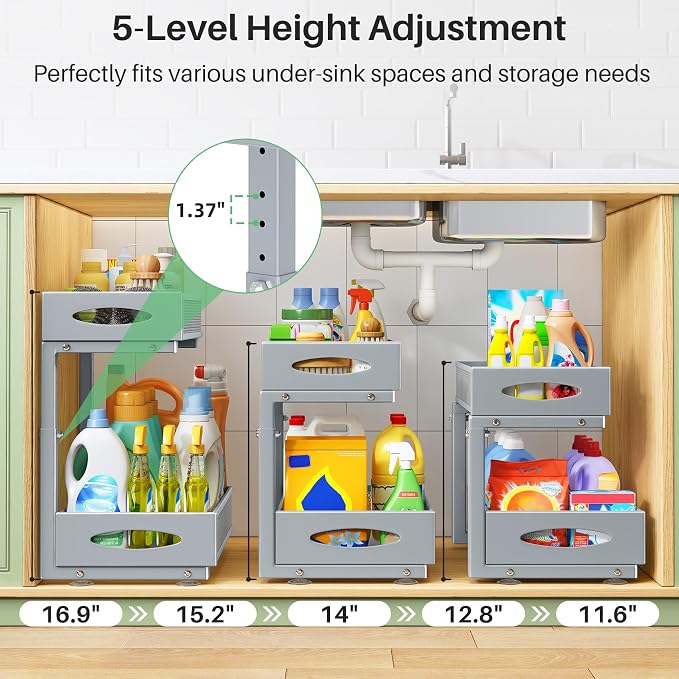 2 Pack Under Sink Organizer, 2 Tier Pull out Cabinet Organizer Mesh Baskets with 5 Adjustable Heights, Sliding Drawers Storage Shelf for Home, Kitchen, Bathroom, Pantry, Office, Countertop ,Grey