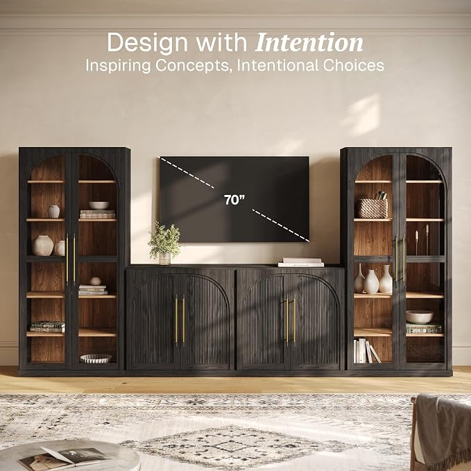 BELLEZE 3-Piece Modular TV Stand Set - 1 Arched Wood Door Sideboard and 2 Tall Cabinets, Modern Media Console with Adjustable Shelves for Living Room(Ebony)