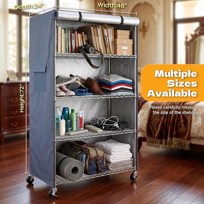 Rack Cover for Shelves, Fits 48"W x 24"D x 72"H Storage Shelving | 600D Waterproof Dust Shelf Cover with Dual Side Zipper, for Rack in Garage, Workshop, Basement, Inventory Use (No Shelves)