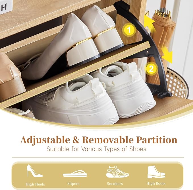 BERRYMERRY Natural 47.2” Shoe Storage Cabinet with 4 Flip Drawers | narrow,entryway,adjustable feet,32 pairs shoe,shoe organize,hidden shoe rack,fluted panel,wave pattern,wood,space saving