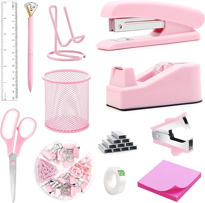 Pink Office Supplies, Pink Desk Accessories, Stapler, Staple Remover, Tape Holder, Pen Holder, Ballpoint Pen, Scissor, Binder Clips, 1000pcs Staples, Phone Holder, Ruler, Transparent Glue and Notes