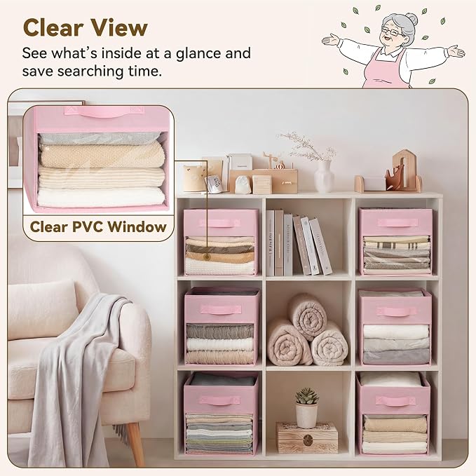 GRANNY SAYS Cube Storage Bins with Clear Window, 11 Inch Storage Cube Organizer, Collapsible Fabric Storage Cubes, Decorative Cube Storage Organizer for Shelves, Closet, Pink, 6-Pack