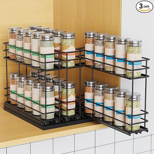 Mystozer Pull Out Spice Rack Organizer for Cabinet, Slide Out Spice Racks, Easy to Install Spice Cabinet Organizers, 7.4" Wx10.43 Dx8.26 H, 3 Drawers 2 Tiers(Black)